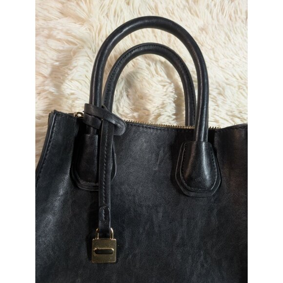 Black Faux Leather Mini Handbag With Gold Hardware & Double Handles - Picture 3 of 14